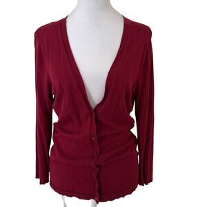 New York & Company Women Burgundy Long Sleeve V-Neck Button Front Cardigan M